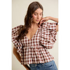 BROWN GINGHAM BUBBLE SLEEVES BACK SMOCKED BLOUSE TOP