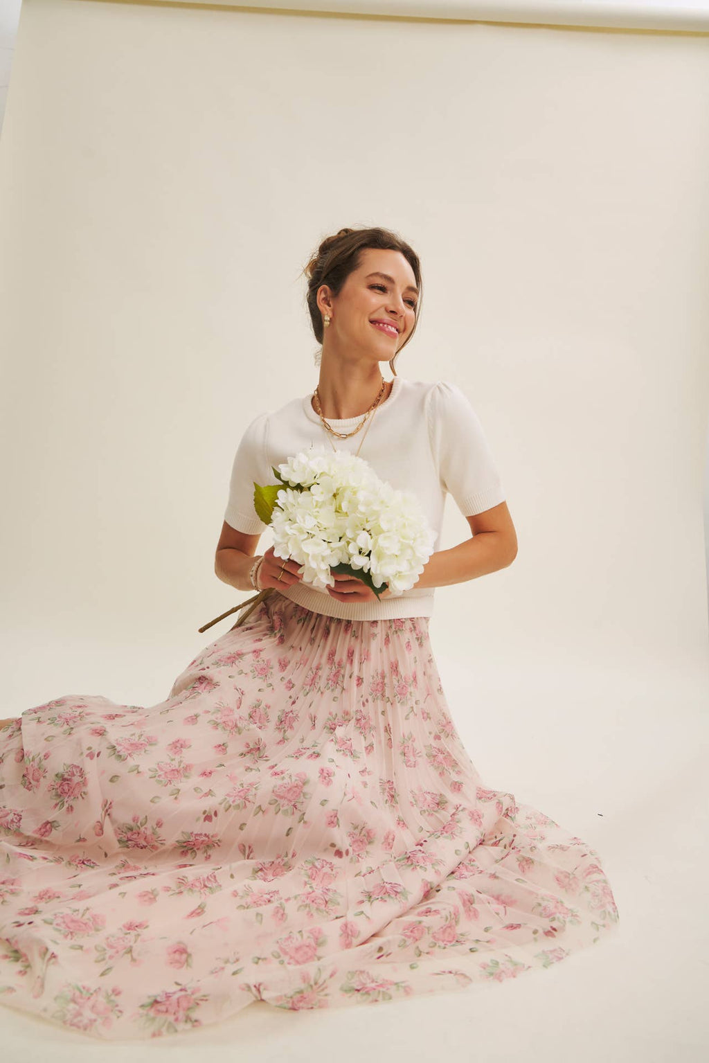 FIELD OF PLEATED WILDFLOWERS SWEATER TWOFER MIDI DRESS: PINK/LILAC