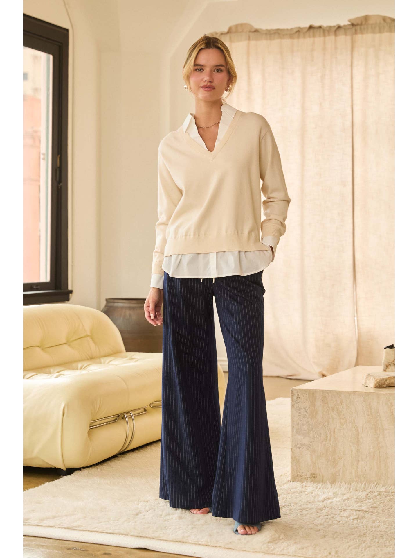 IVORY WHITE MIXED SHIRT LAYERED SWEATER