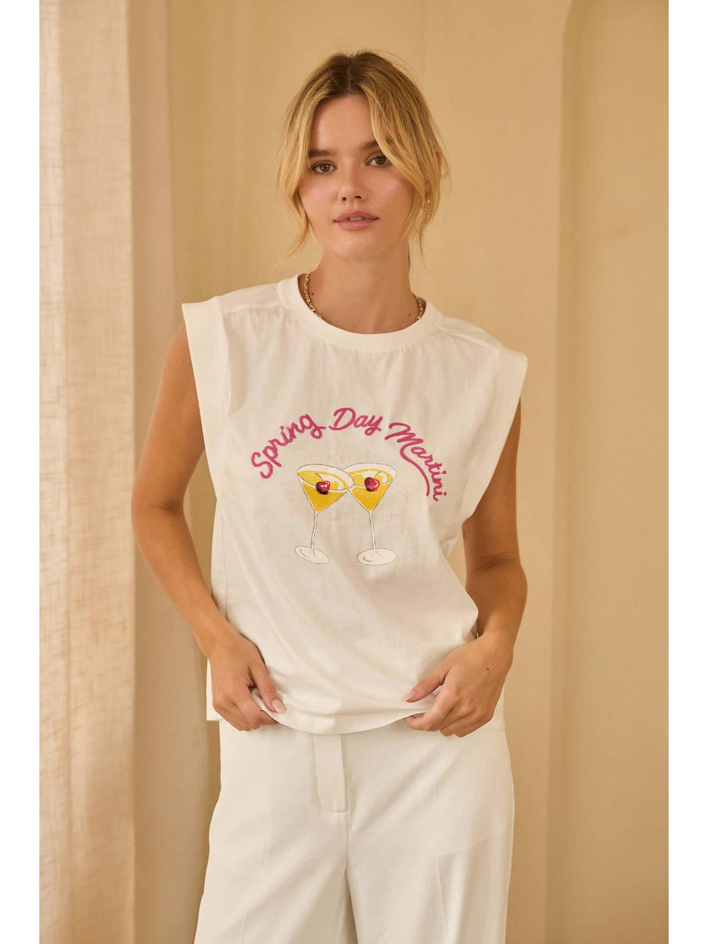 WHITE Printed Graphic Sleeveless Shirt with Embroidery
