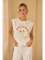 WHITE Printed Graphic Sleeveless Shirt with Embroidery