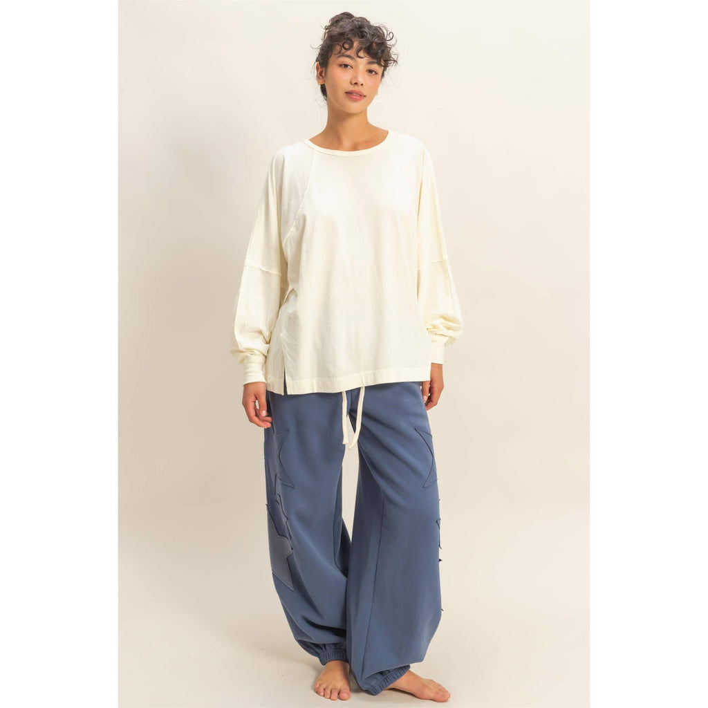 Washed Oversized Long Sleeve Top With Slit: CREAM