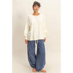 Washed Oversized Long Sleeve Top With Slit: CREAM