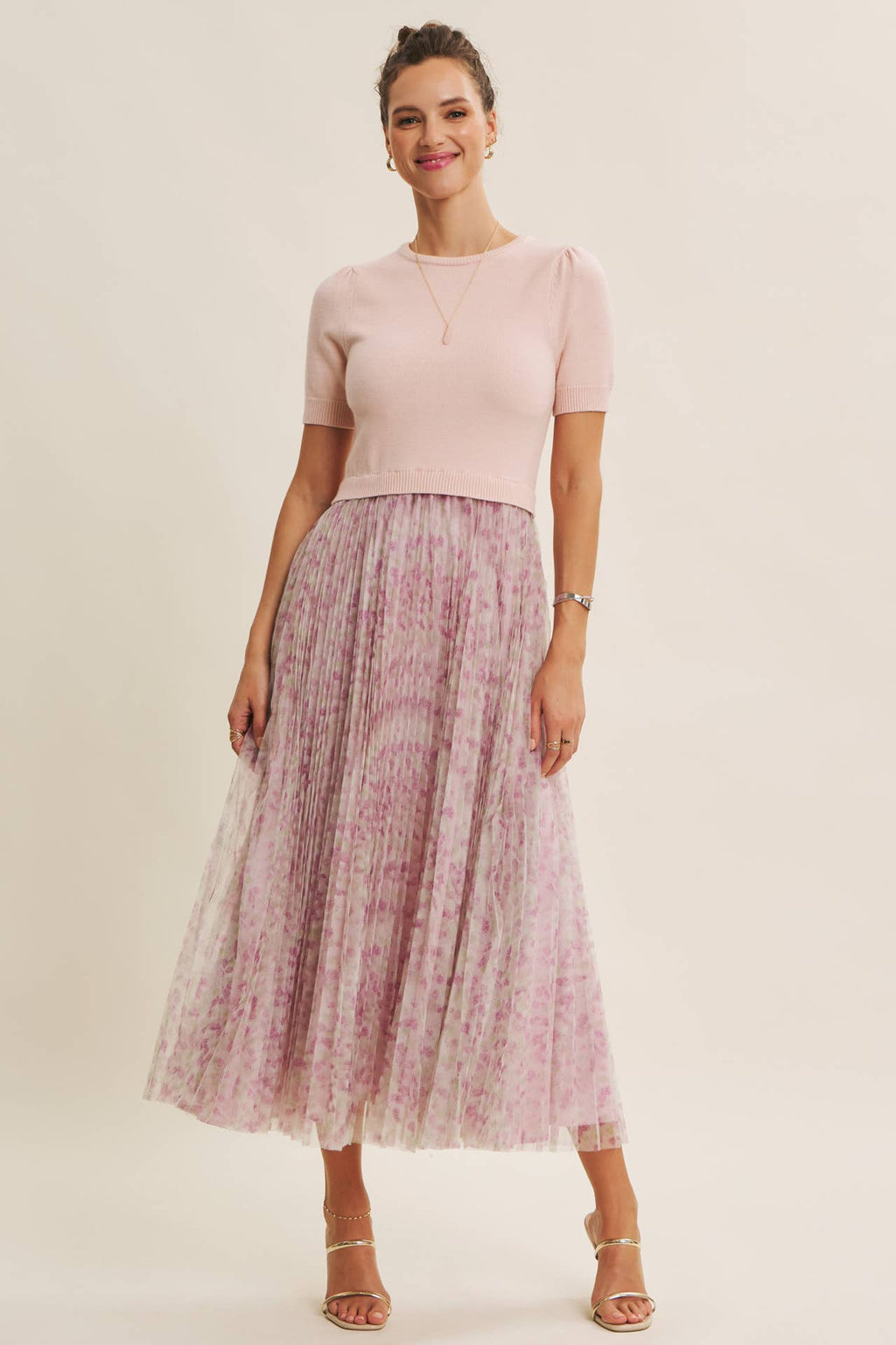 FIELD OF PLEATED WILDFLOWERS SWEATER TWOFER MIDI DRESS: PINK/LILAC