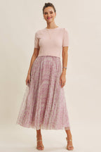 FIELD OF PLEATED WILDFLOWERS SWEATER TWOFER MIDI DRESS: PINK/LILAC