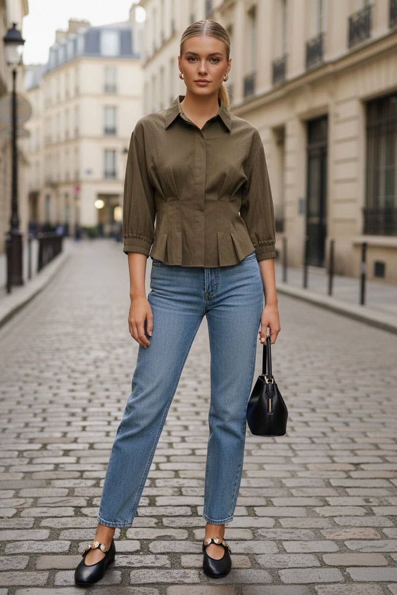 CHOCOLATE DART DETAIL 3/4 STEEVE BUTTON DOWN BLOUSE