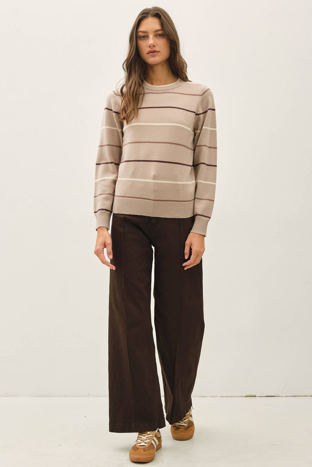 SAND DOUBLE LAYERED LOOK  STRIPE SWEATER TOP