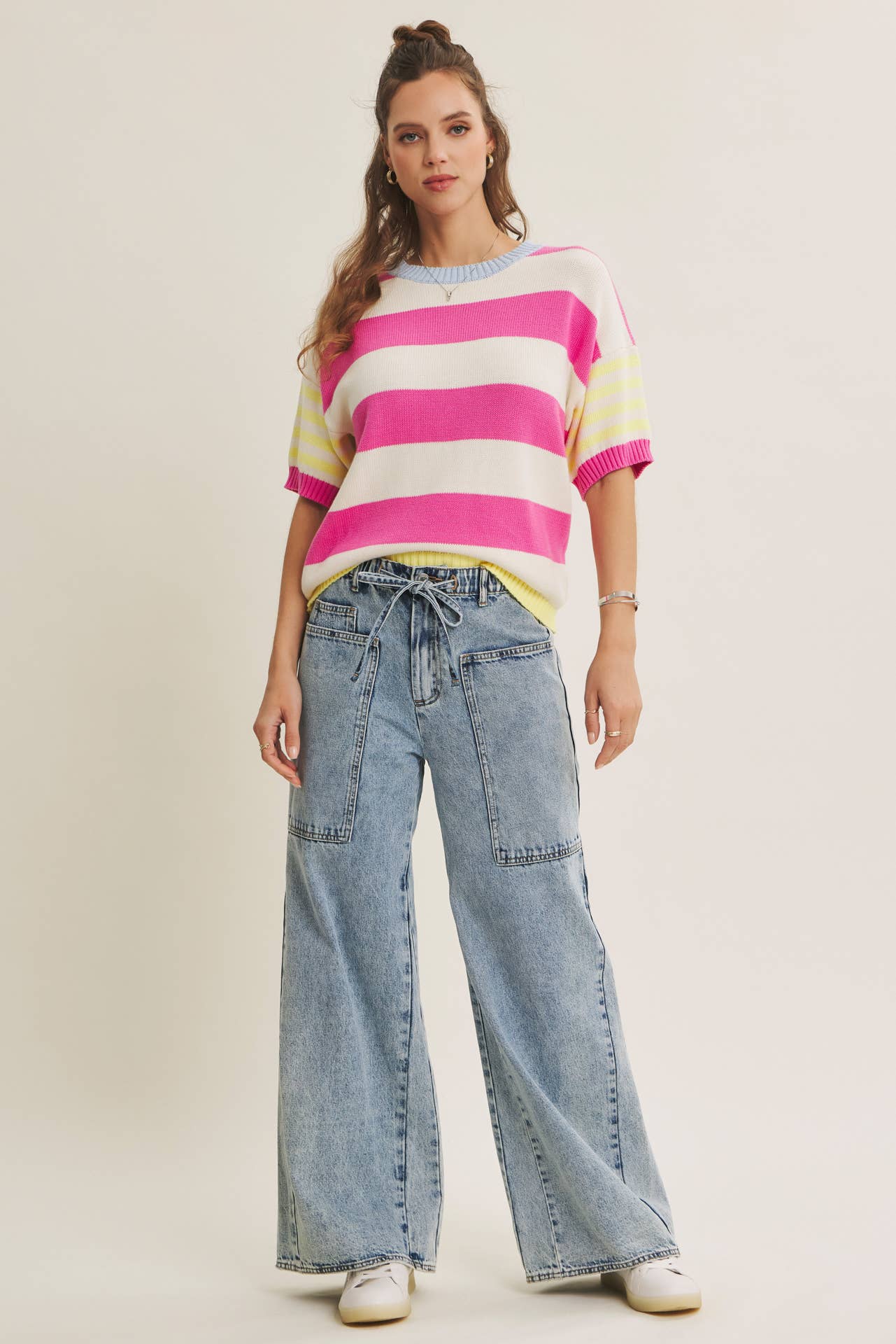 PLAYFUL SUMMER MULTI STRIPE COTTON SWEATER TOP: FUCHSIA/LEMON