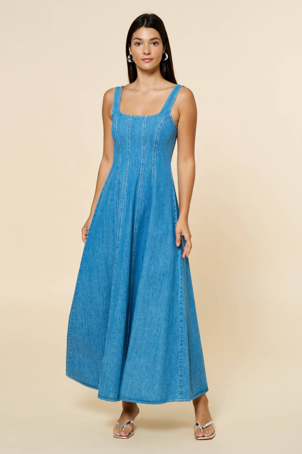 A-Line Denim Sleeveless Maxi Dress