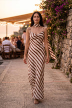 Mocha/white Abstract Stripe Cowl Neck Scarf Maxi Dress