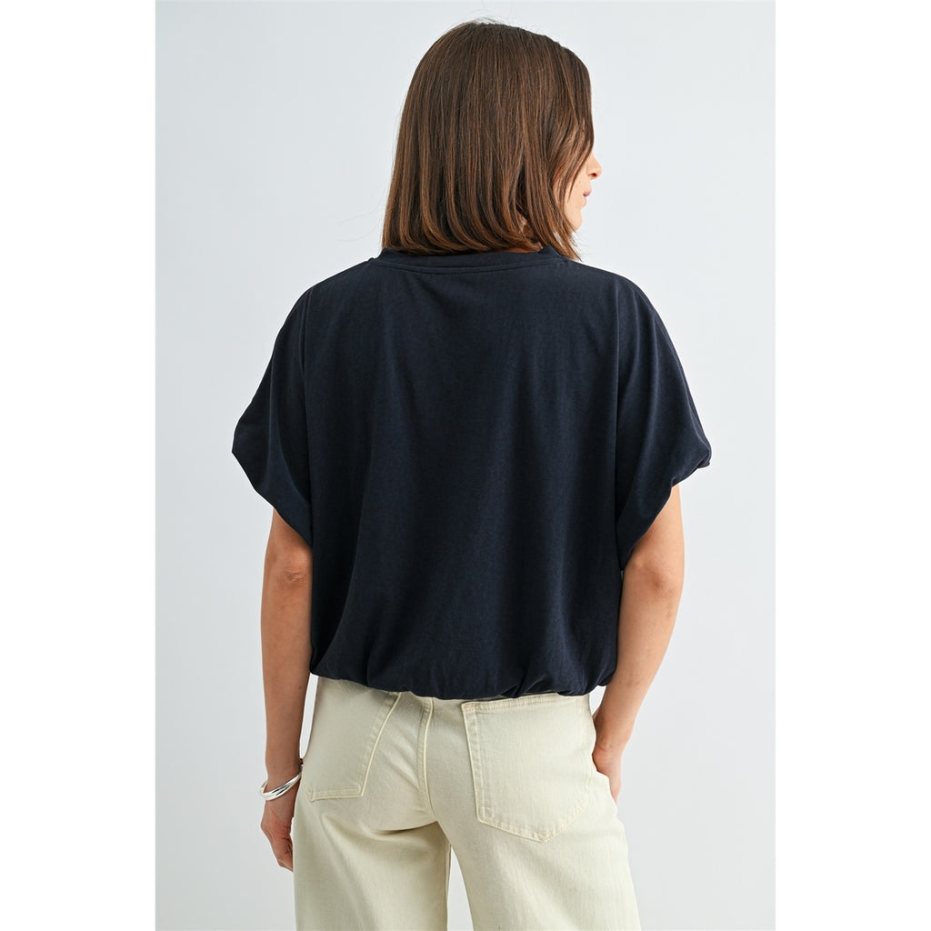 NAVY Ballon Sleeve Elastic Hem Knit Top