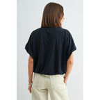 NAVY Ballon Sleeve Elastic Hem Knit Top