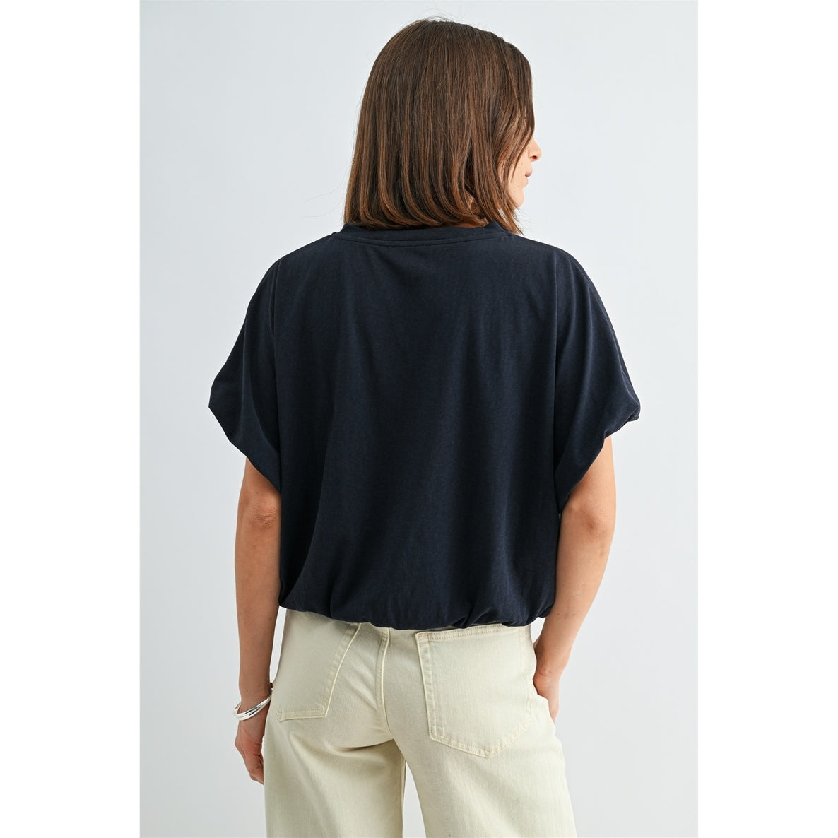 NAVY Ballon Sleeve Elastic Hem Knit Top