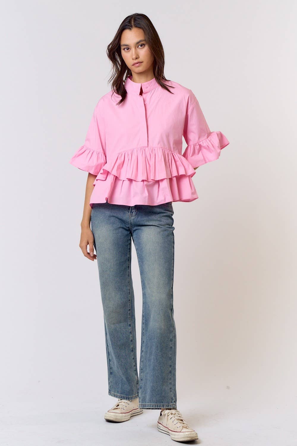 Pale Pink Ruffle Detailed Button Up Shirt