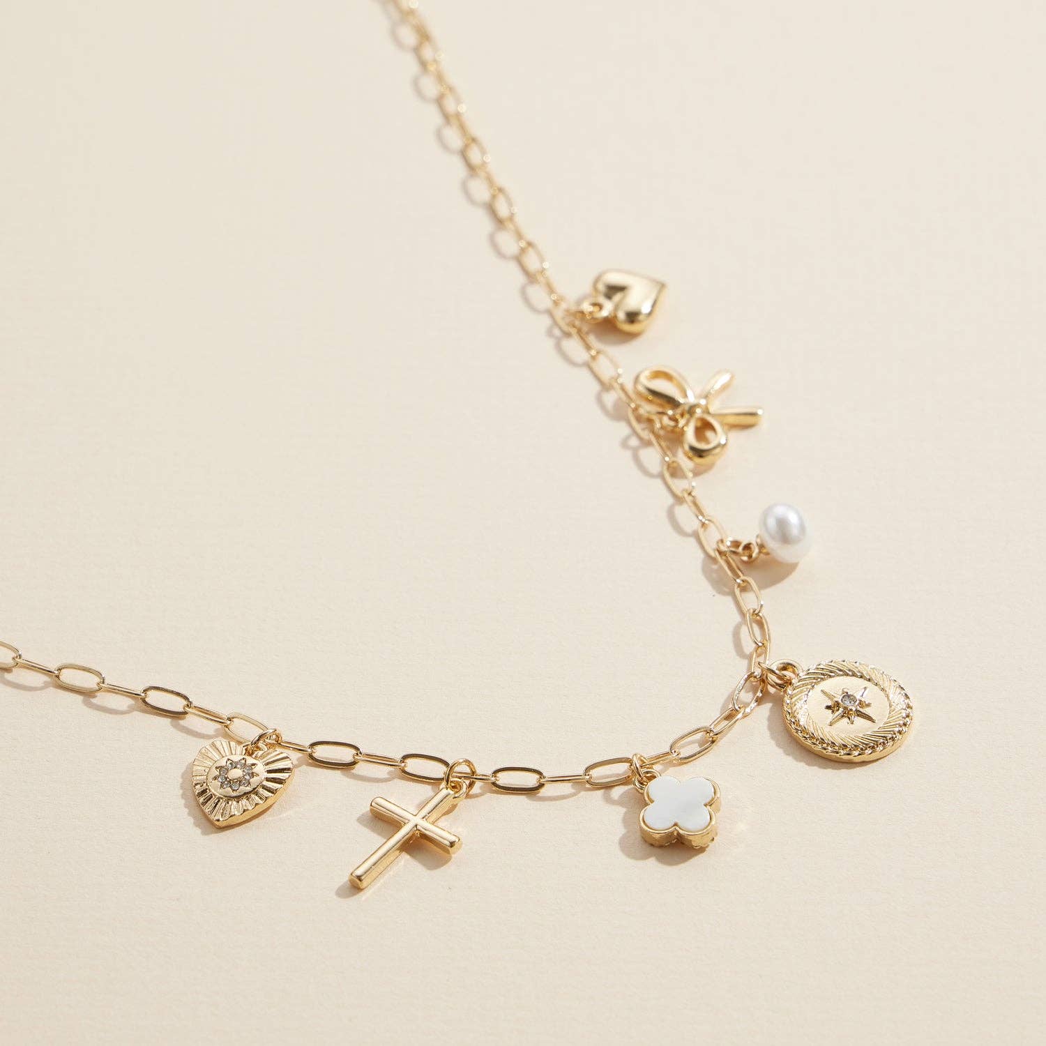 Charm Necklace with Heart, Cross, Compass & Bow Pendants: Gold / One / 4SN11043