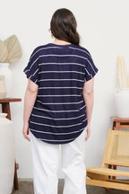 PLUS STRIPE ROUND NECK SHORT CUFF SLEEVE KNIT TOP : NAVY