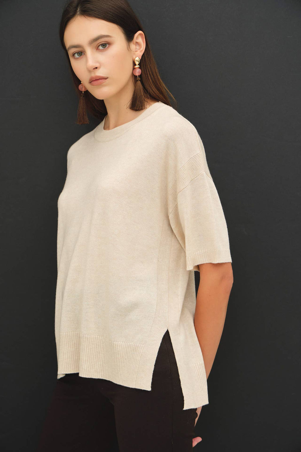 Oatmeal WOOL BLENED BOXY FIT SHORT SLEEVE SWEATER TOP