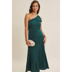 BURGUNDY HOLIDAY GLAM ONE-SHOULDER MIDI DRESS WITH SLANTED SEAMWORK