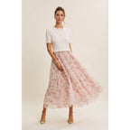 FIELD OF PLEATED WILDFLOWERS SWEATER TWOFER MIDI DRESS: PINK/LILAC