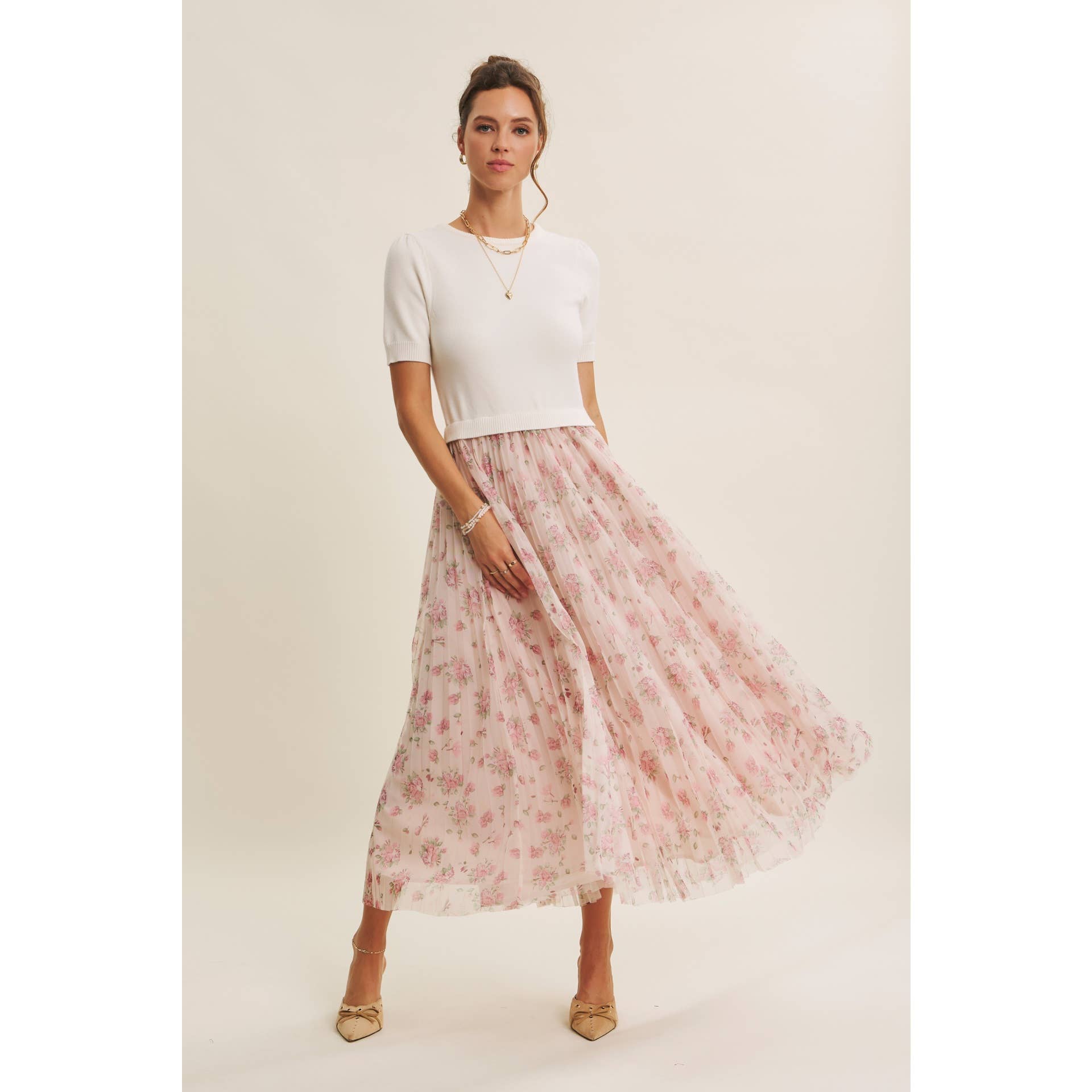 FIELD OF PLEATED WILDFLOWERS SWEATER TWOFER MIDI DRESS: PINK/LILAC