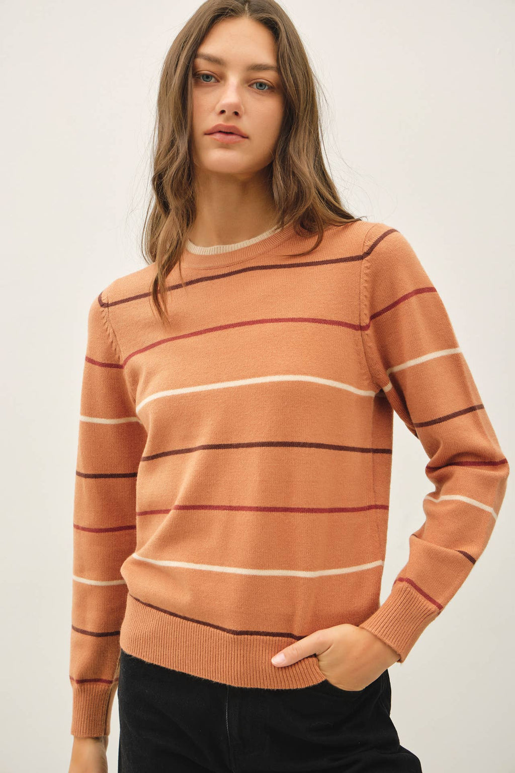 TERRACOTTA DOUBLE LAYERED LOOK  STRIPE SWEATER TOP