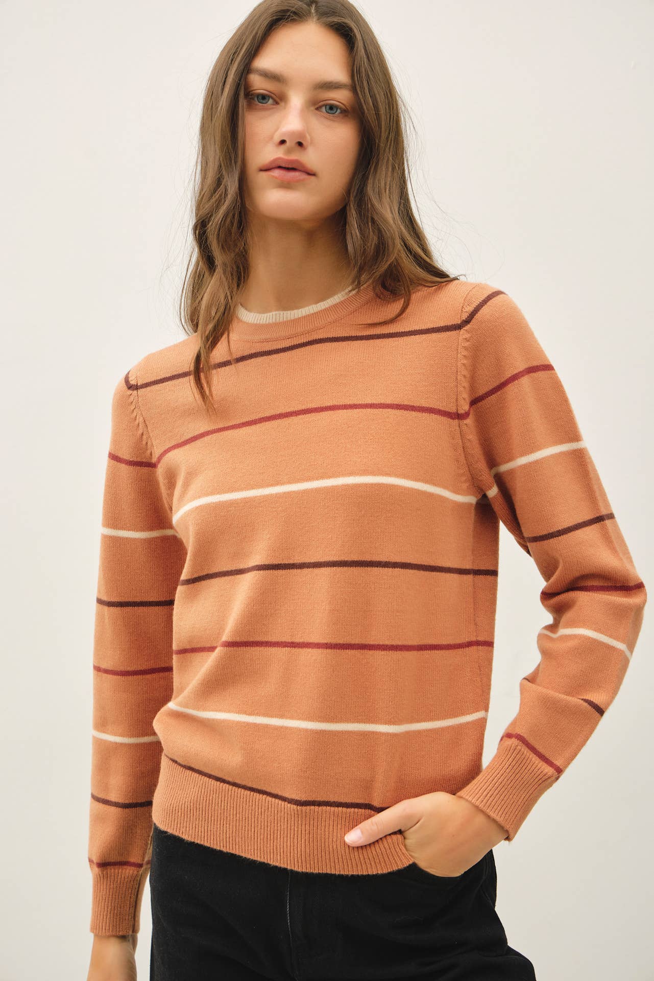 TERRACOTTA DOUBLE LAYERED LOOK  STRIPE SWEATER TOP