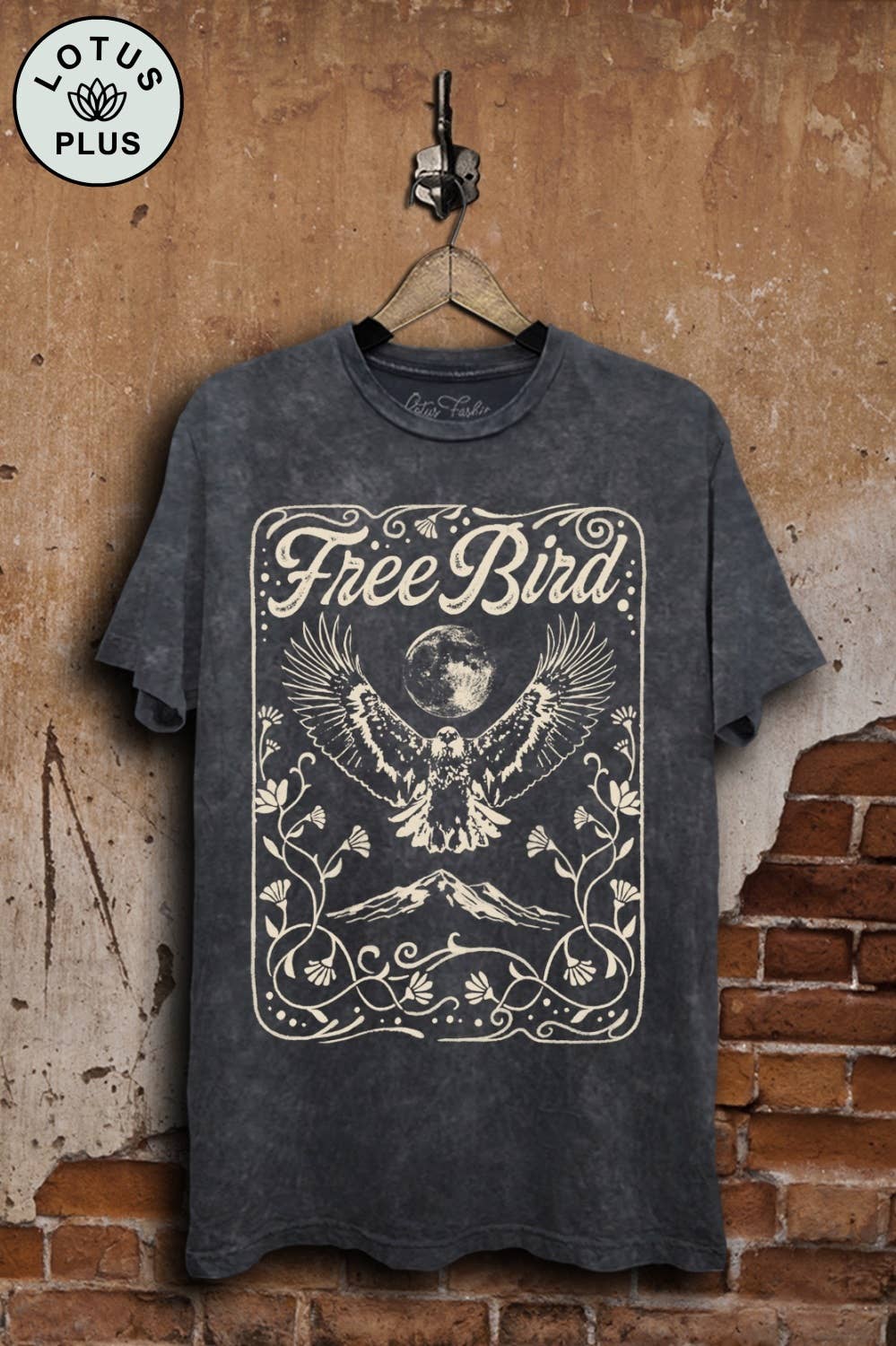 Plus Black Mineral Wash Free Bird Graphic Top: Vintage – Lotus Fashion Collection