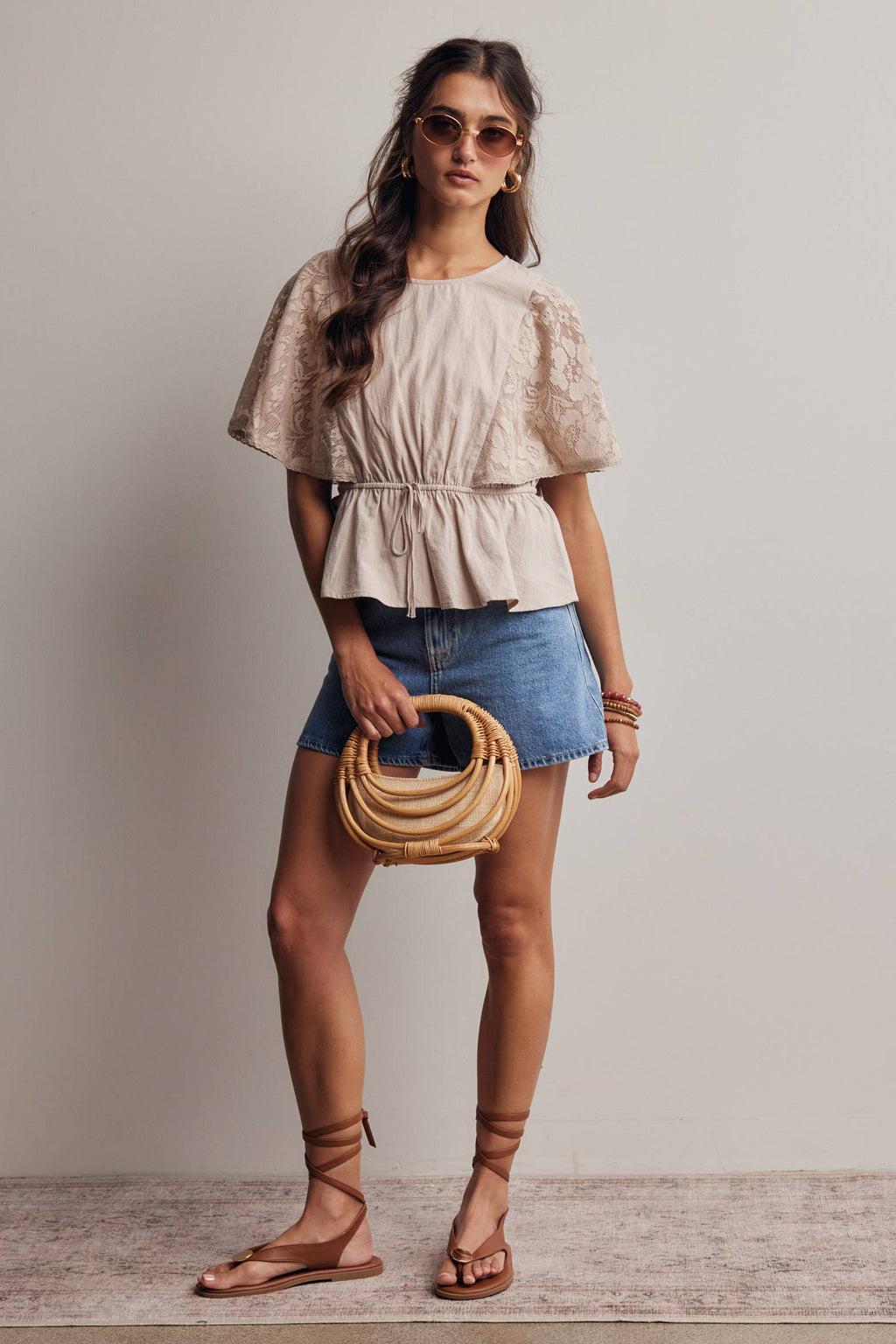 ASH Lace Cape Sleeve Cotton Peplum Top