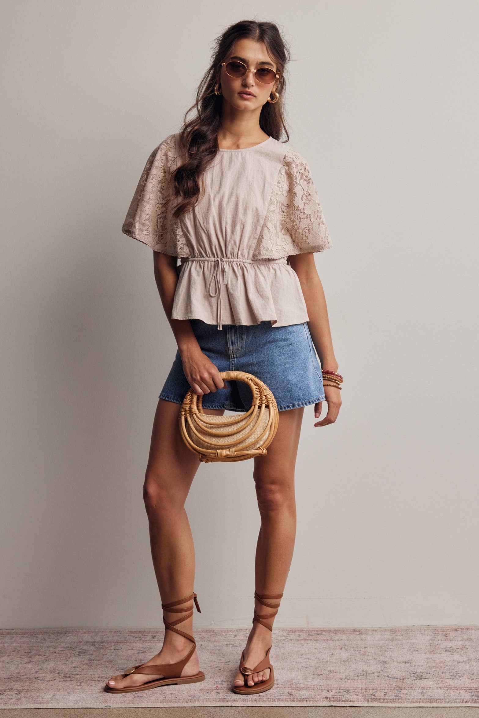 ASH Lace Cape Sleeve Cotton Peplum Top