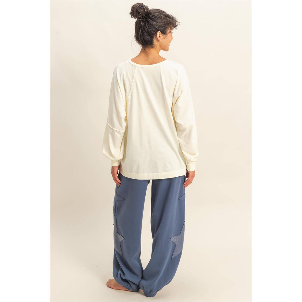 Washed Oversized Long Sleeve Top With Slit: CREAM