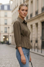 CHOCOLATE DART DETAIL 3/4 STEEVE BUTTON DOWN BLOUSE