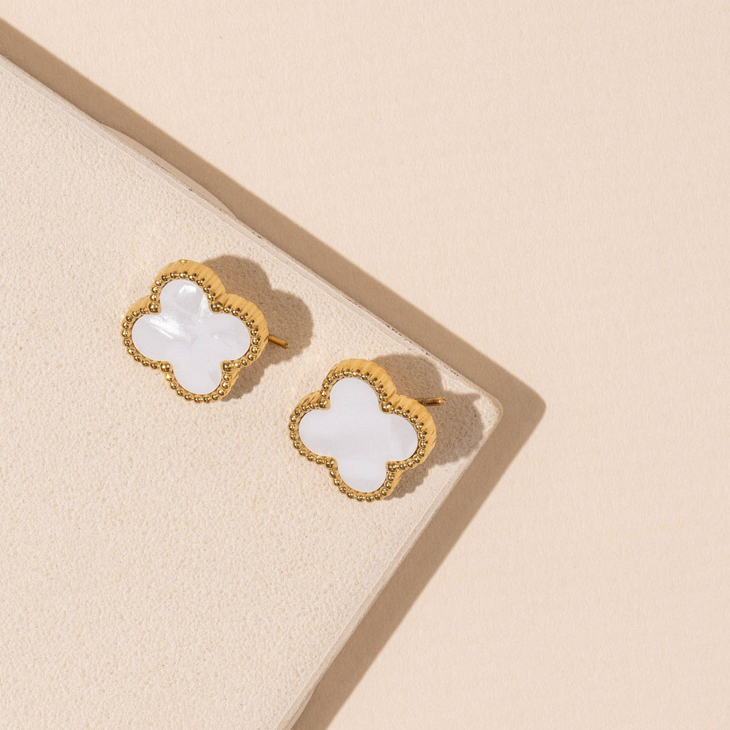 Stainless Steel Clover Stud Earrings: White / One / B4JE003