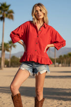Red Ruffle Hem Button Front Poplin Top
