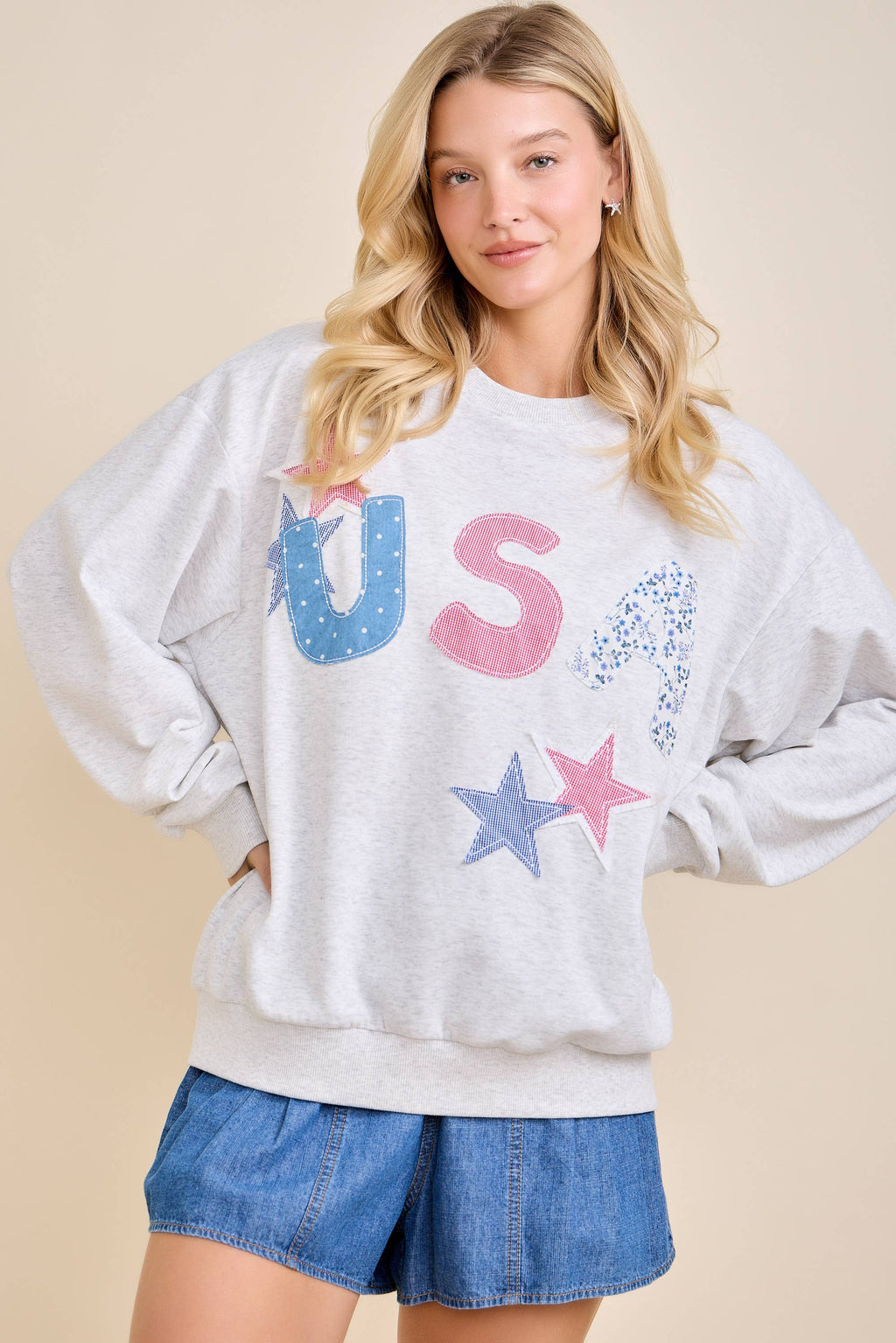 USA Patchwork Star Graphic Sweatshirt: NAVY