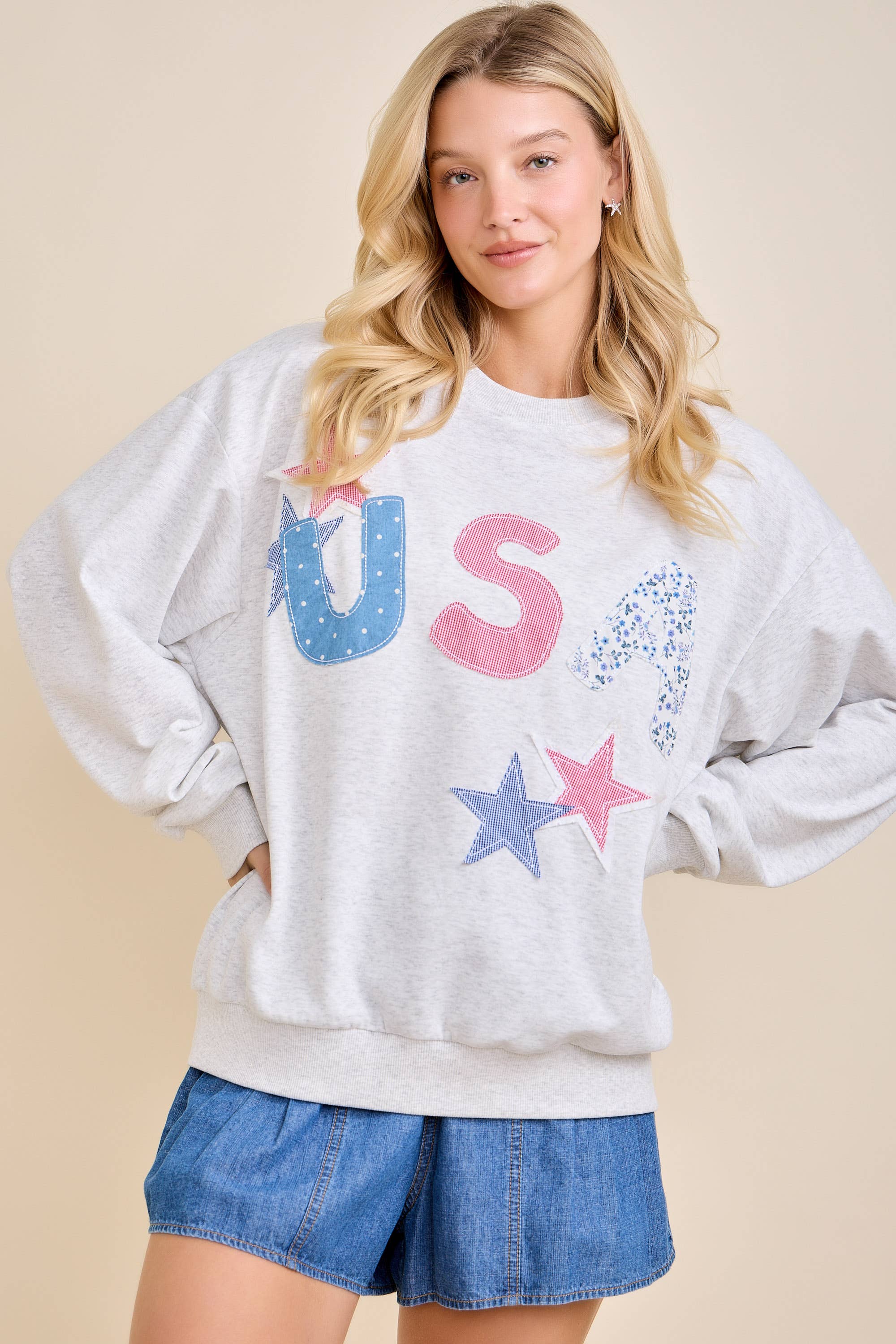 USA Patchwork Star Graphic Sweatshirt: NAVY
