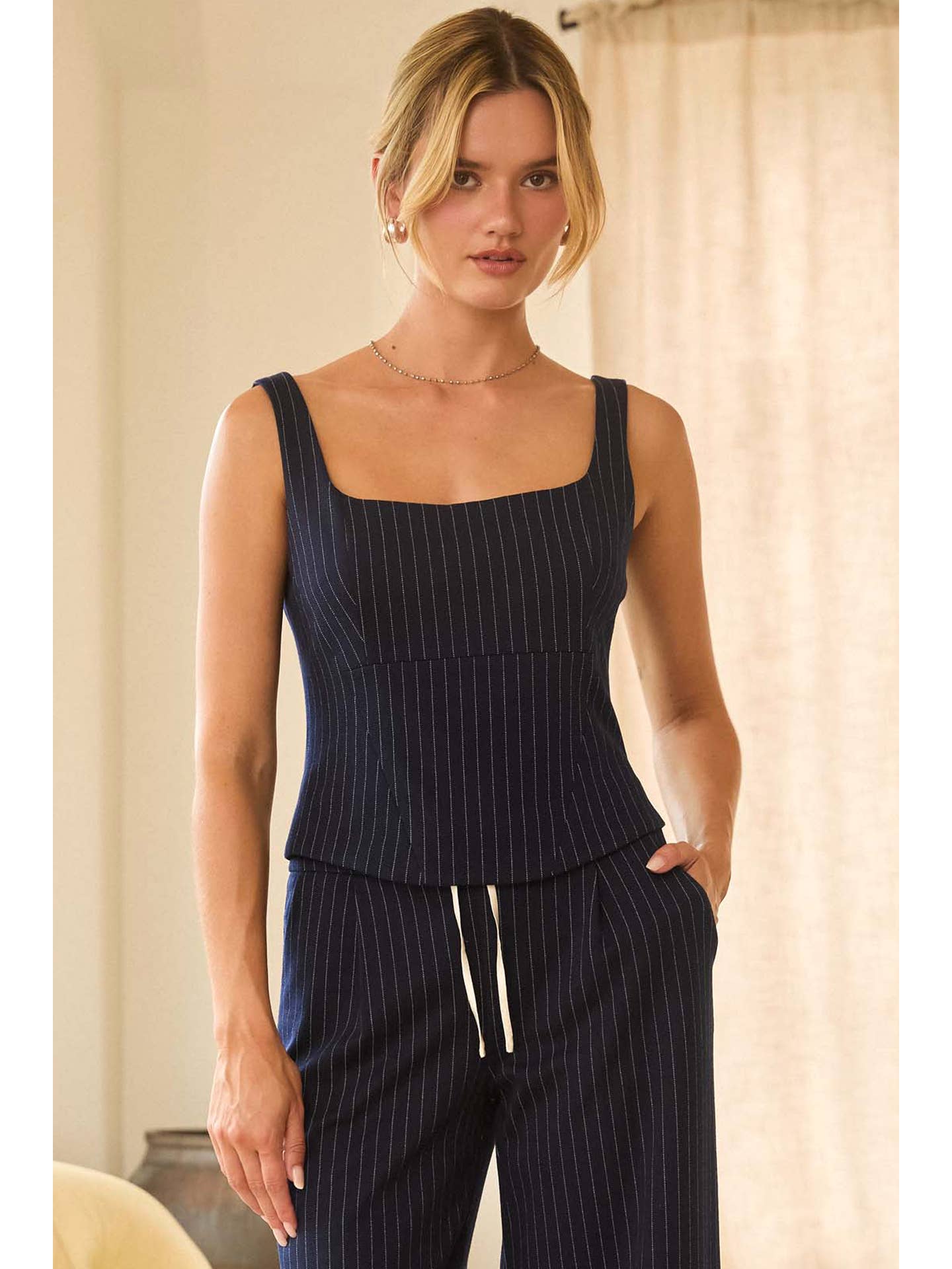 NAVY WHITE Sleeveless Pinstripe Square Neck Fitted Top
