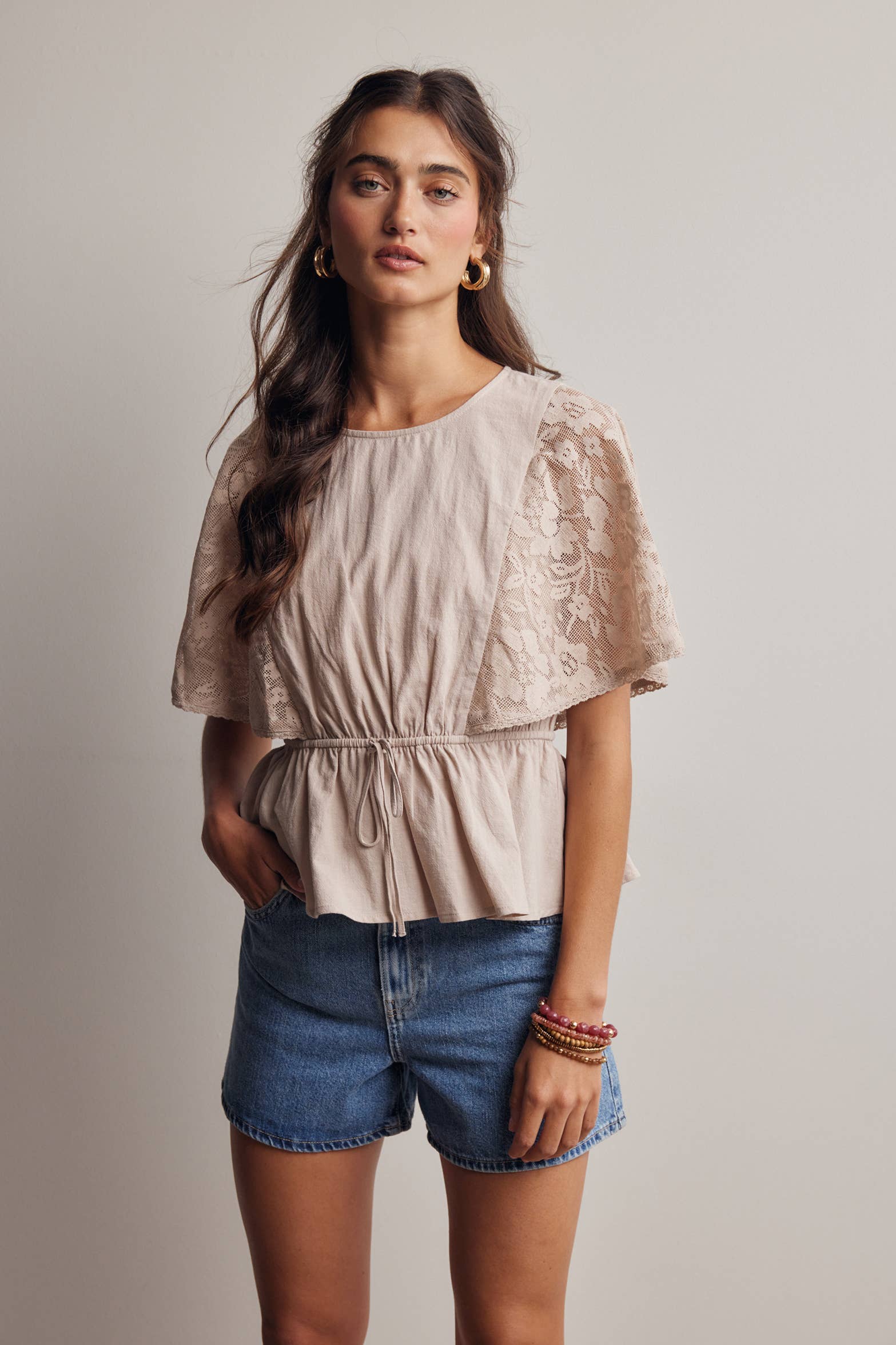 ASH Lace Cape Sleeve Cotton Peplum Top