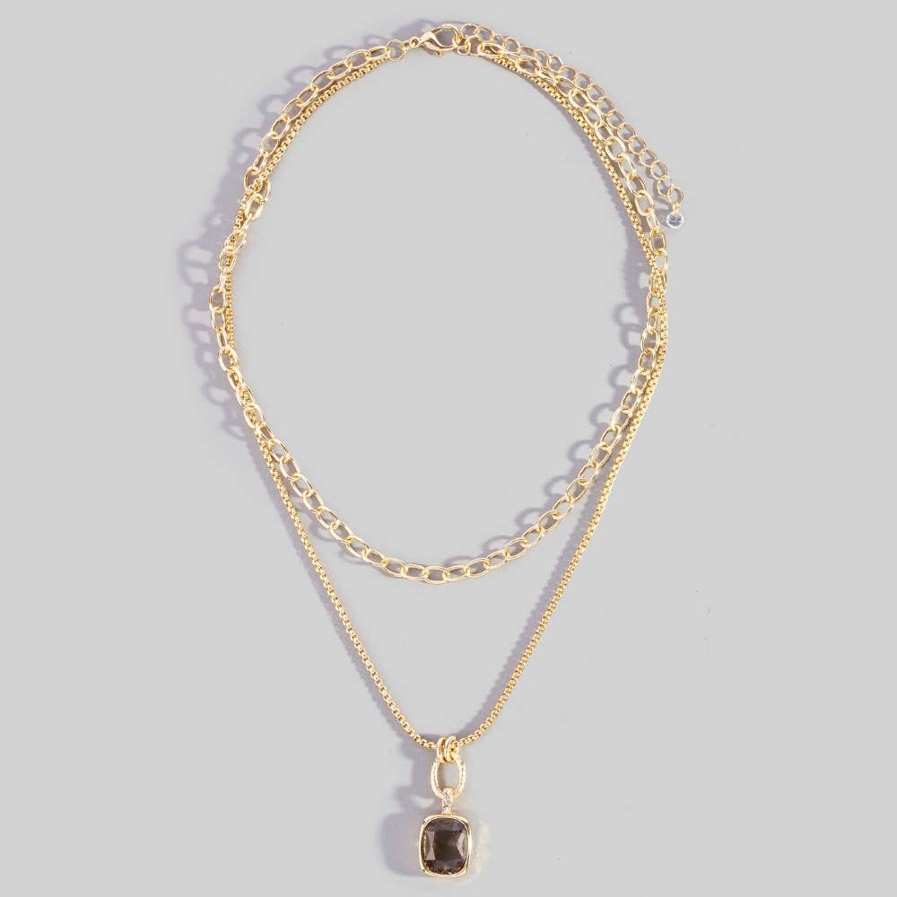 Double Layered Chain Crystal Square Pendant Necklace: GEMR