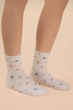 Floral Printed Textures Crew Socks: CREAM