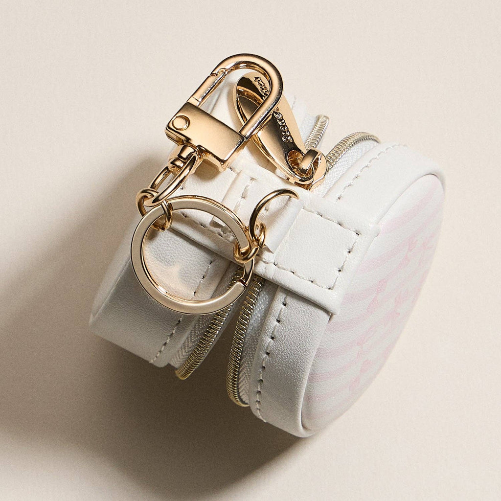 Mini Round Jewelry Travel Case with Keychain – White & Pink Bow Design: IV / ONE