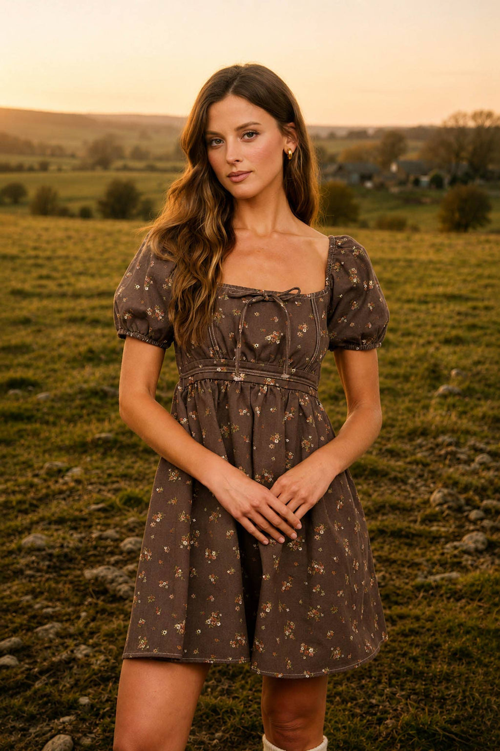 BROWN DITSY FLORAL PUFF SLEEVE SQUARE NECK MINI DRESS