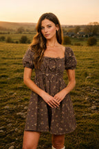 BROWN DITSY FLORAL PUFF SLEEVE SQUARE NECK MINI DRESS
