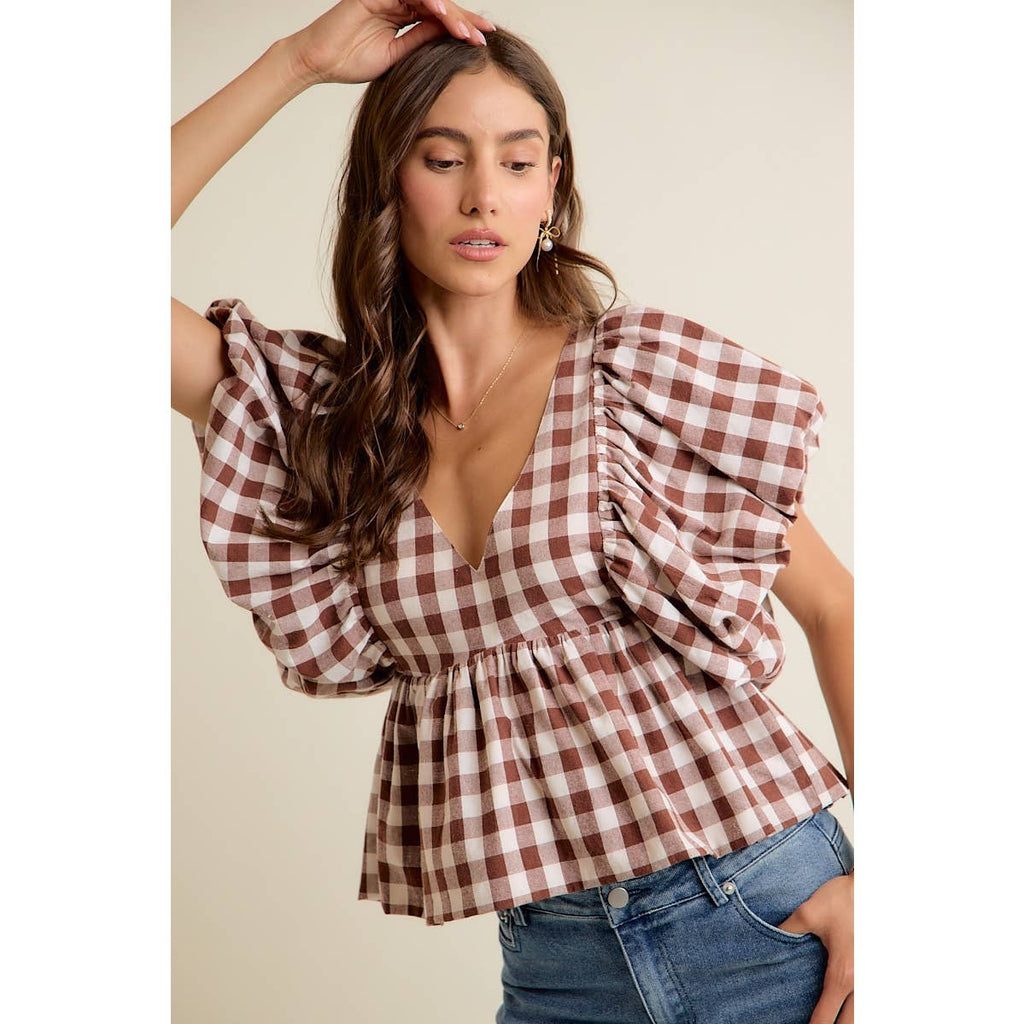 BROWN GINGHAM BUBBLE SLEEVES BACK SMOCKED BLOUSE TOP