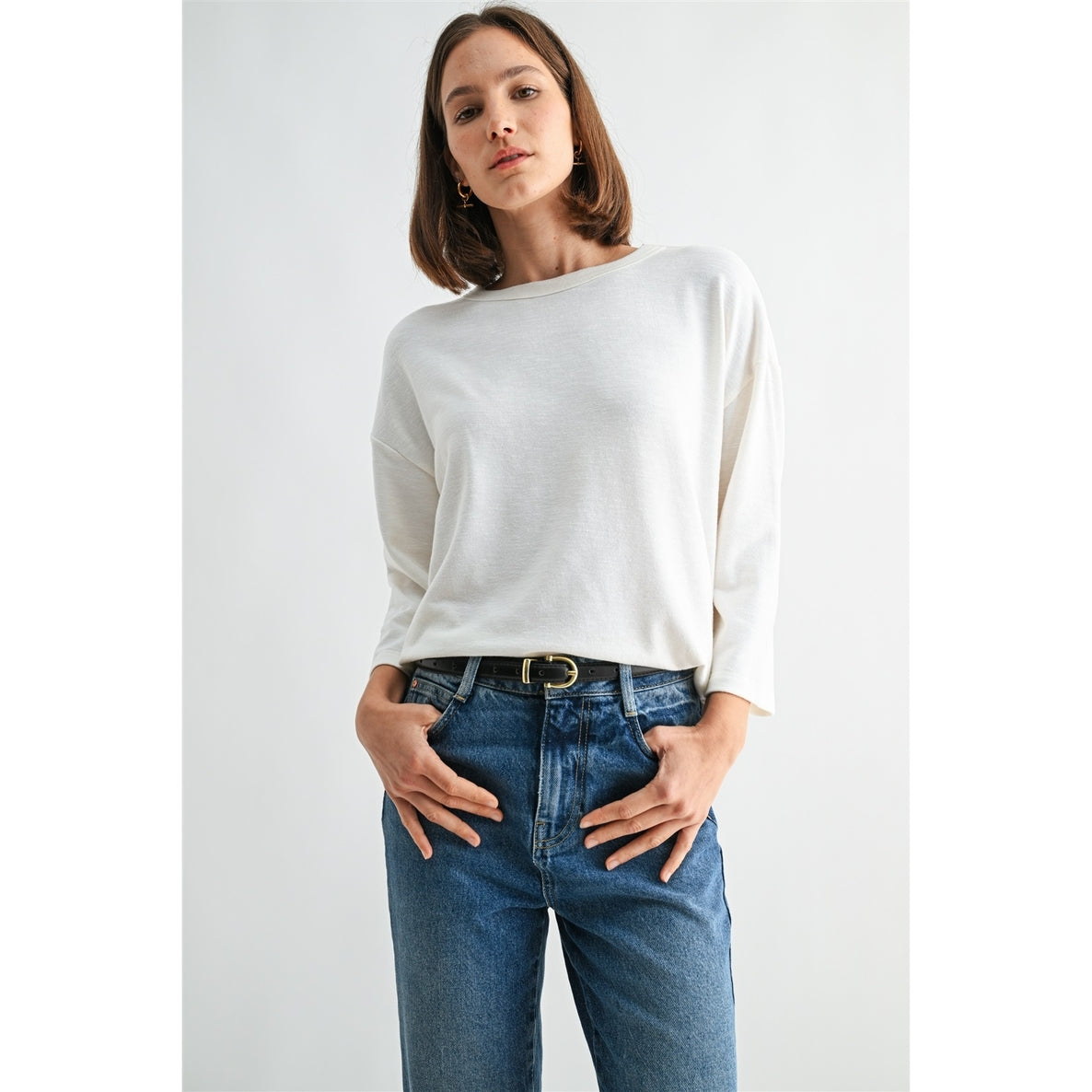 WHITE Knit Drop Shoulder Loose Fit Top