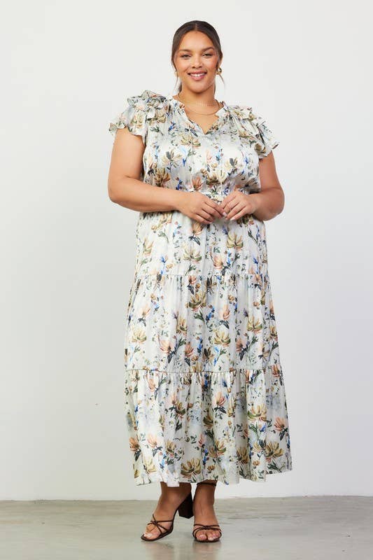 CREAM Floral Print Ruffled Short Sleeve Long Dress