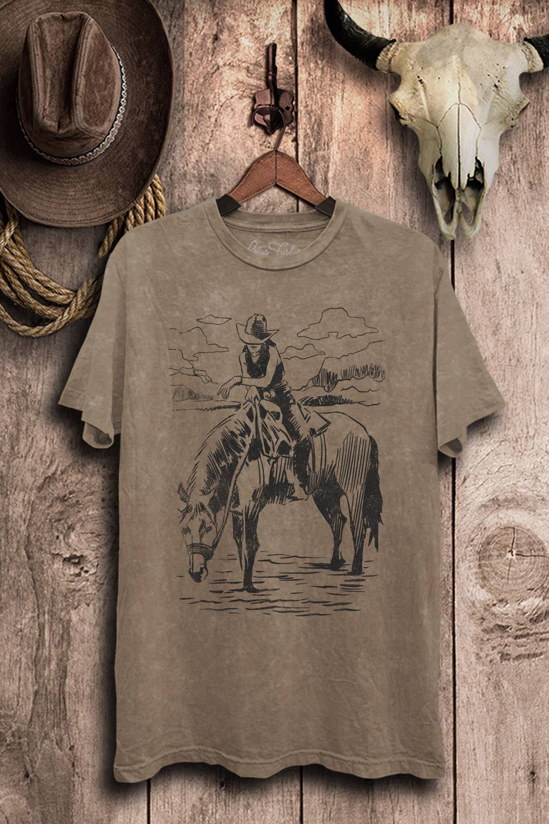 MOCHA Wild West Cowgirl Graphic Top Mineral Wash