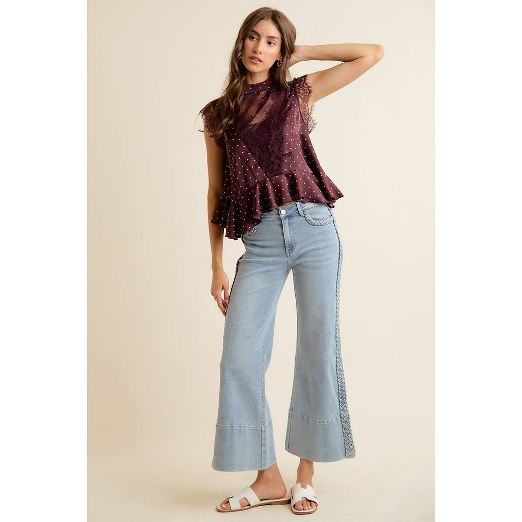WINE POLKA DOT SATIN LACE TRIM RUFFLED HIGH NECK BLOUSE TOP