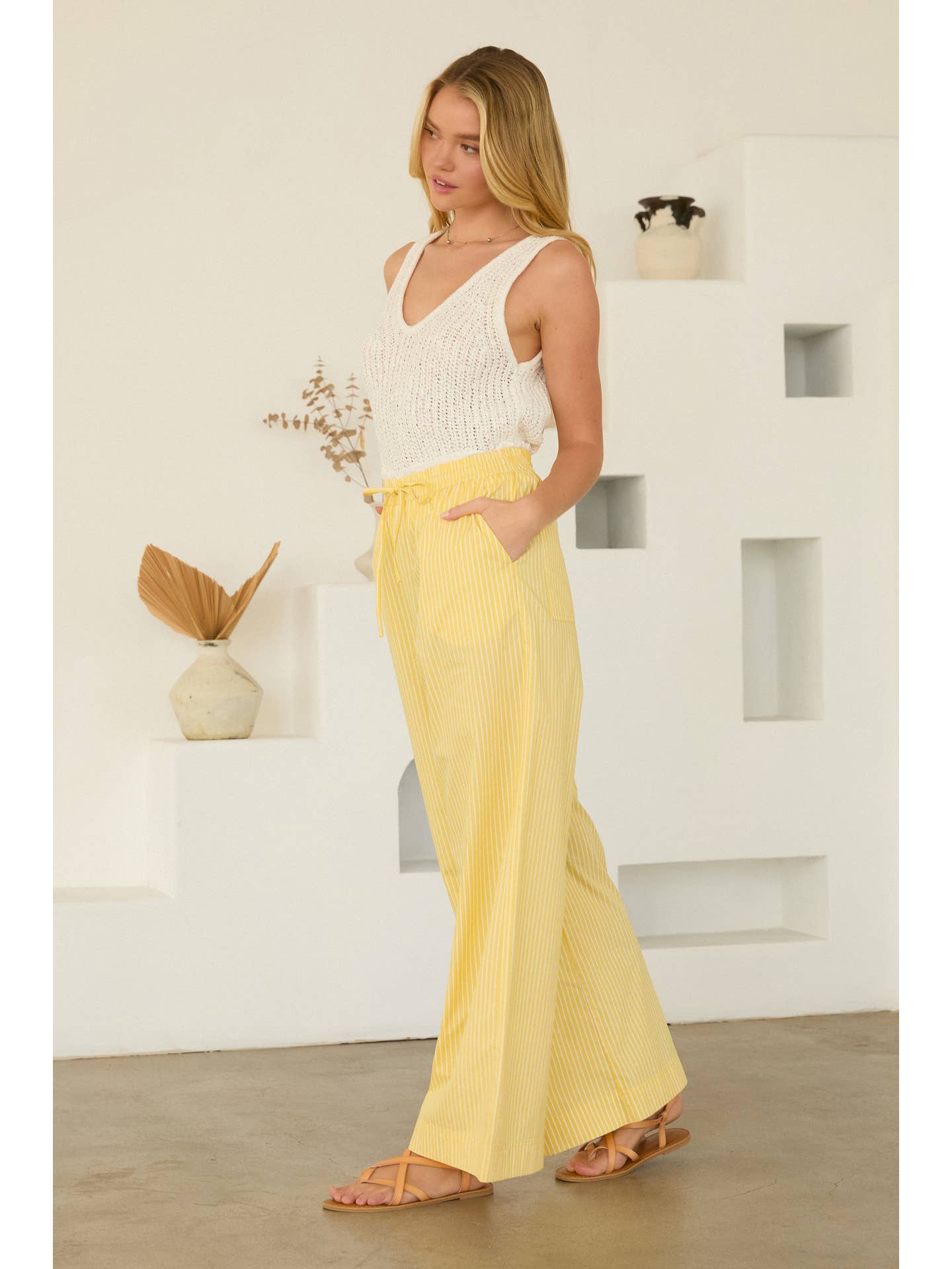 Yellow/White Stripe Double Waist Wide-Leg Pants