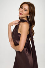 BROWN One Shoulder Satin Maxi Dress with Scarf Detail