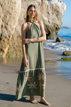 Olive Palm Tree Embroidery Front Tie Halter Maxi Dress